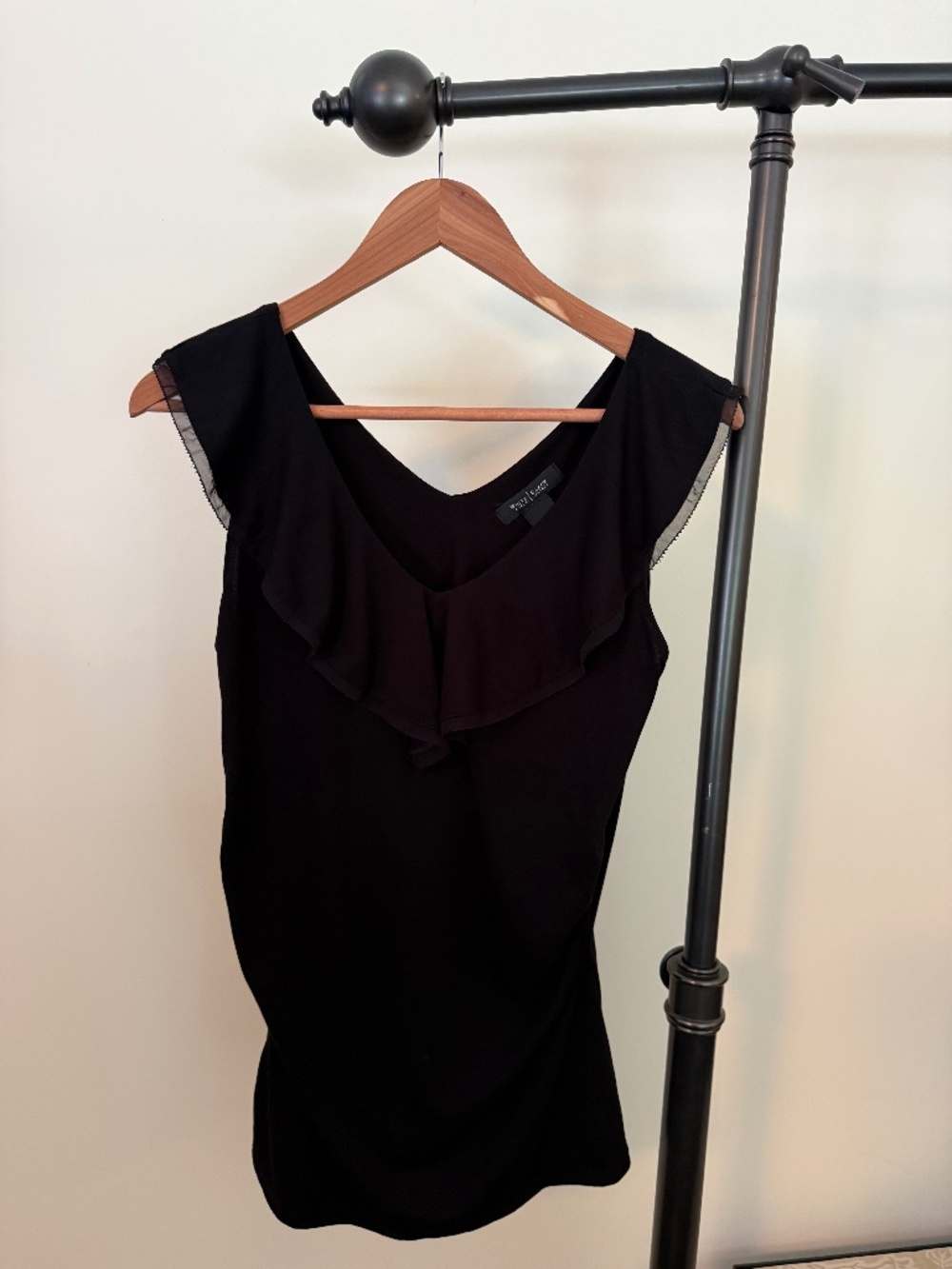 White House Black Market Black Ruffle V-Neck Sleeveless Blouse with Mesh Trim